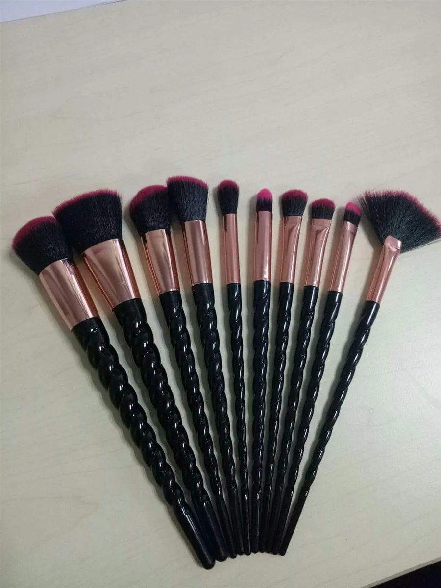 10 pc unicorn crystal plastic handle synthetic hair makeup brush set