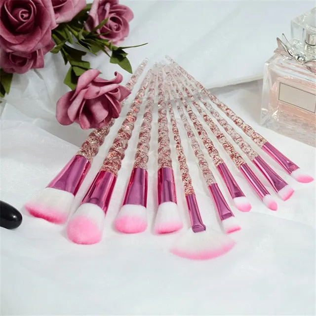 10 pc unicorn crystal plastic handle synthetic hair makeup brush set