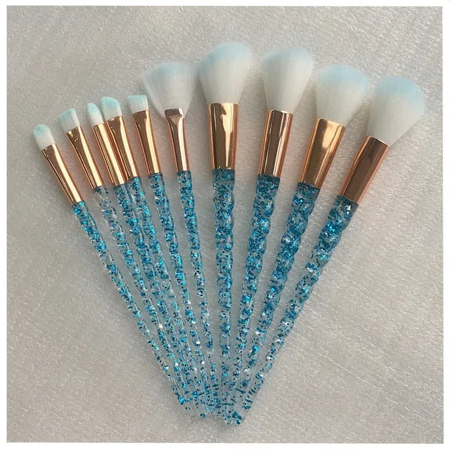 10 pc unicorn crystal plastic handle synthetic hair makeup brush set