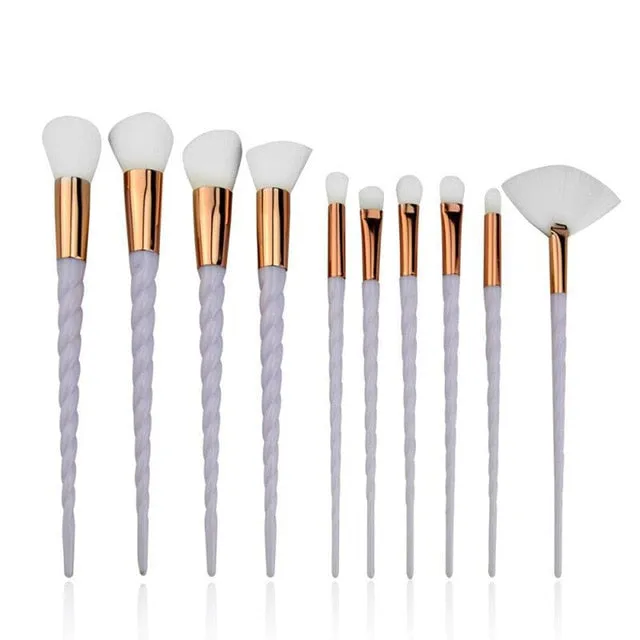 10 pc unicorn crystal plastic handle synthetic hair makeup brush set