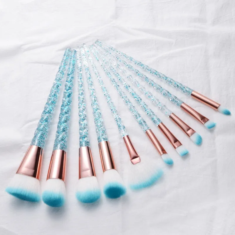 10 pc unicorn crystal plastic handle synthetic hair makeup brush set