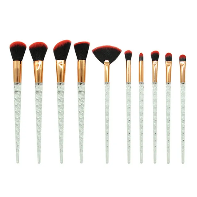 10 pc unicorn crystal plastic handle synthetic hair makeup brush set