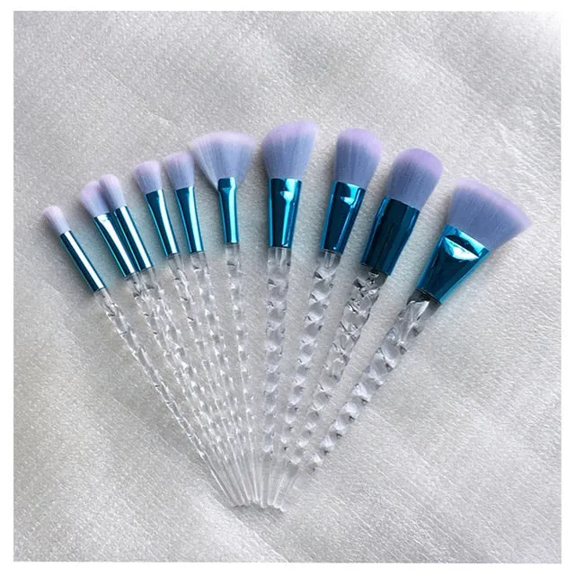 10 pc unicorn crystal plastic handle synthetic hair makeup brush set