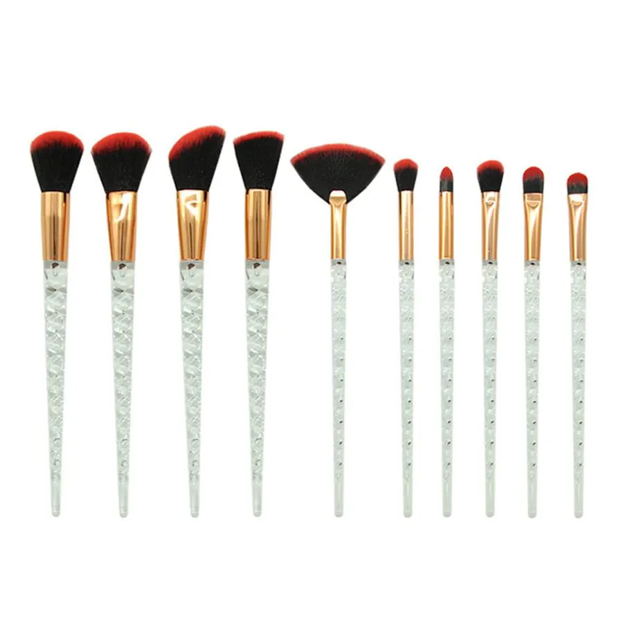10 pc unicorn crystal plastic handle synthetic hair makeup brush set