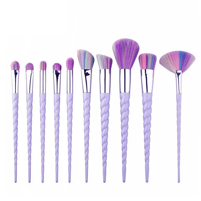 10 pc unicorn crystal plastic handle synthetic hair makeup brush set