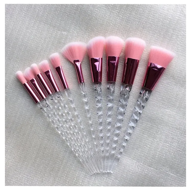 10 pc unicorn crystal plastic handle synthetic hair makeup brush set