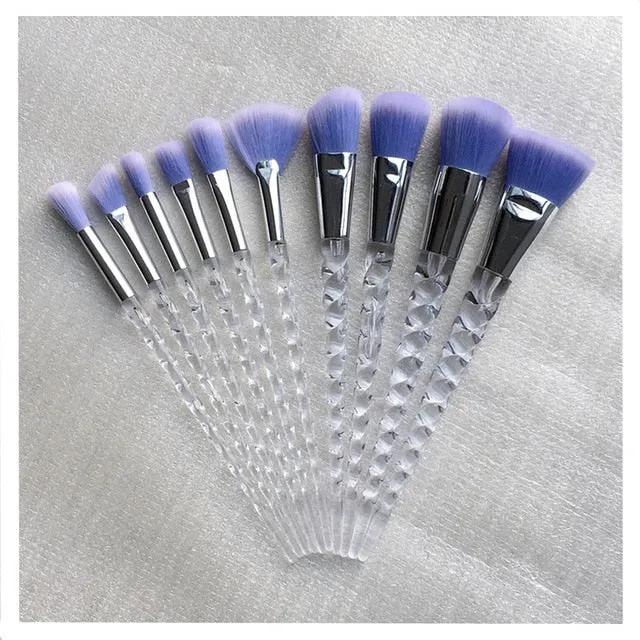 10 pc unicorn crystal plastic handle synthetic hair makeup brush set