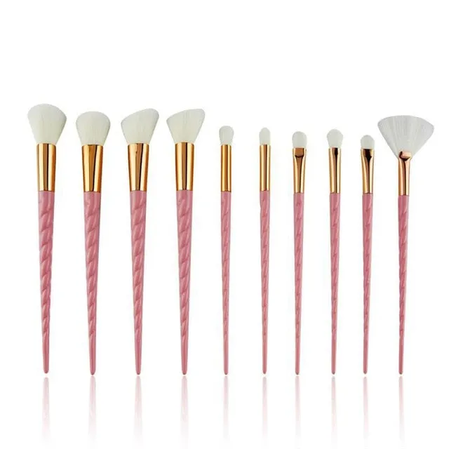 10 pc unicorn crystal plastic handle synthetic hair makeup brush set