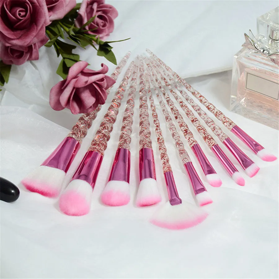 10 pc unicorn crystal plastic handle synthetic hair makeup brush set