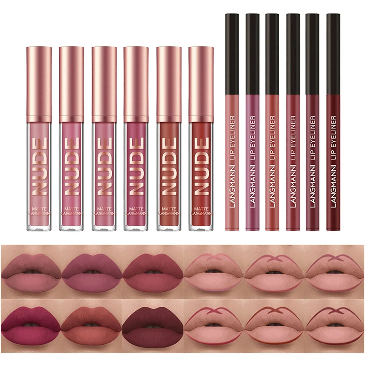 12Pcs Matte Liquid Lipstick   Lip Liner Pens Set, One Step Lips Makeup Kits Pigment Velvety Nude Lip Stain Waterproof Long Wear Lip Gloss Make up Gift Set (Set A)