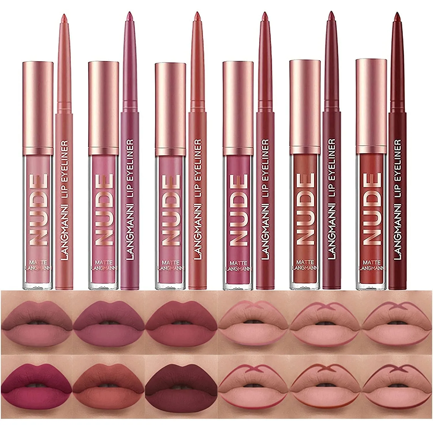 12Pcs Matte Liquid Lipstick   Lip Liner Pens Set, One Step Lips Makeup Kits Pigment Velvety Nude Lip Stain Waterproof Long Wear Lip Gloss Make up Gift Set (Set A)