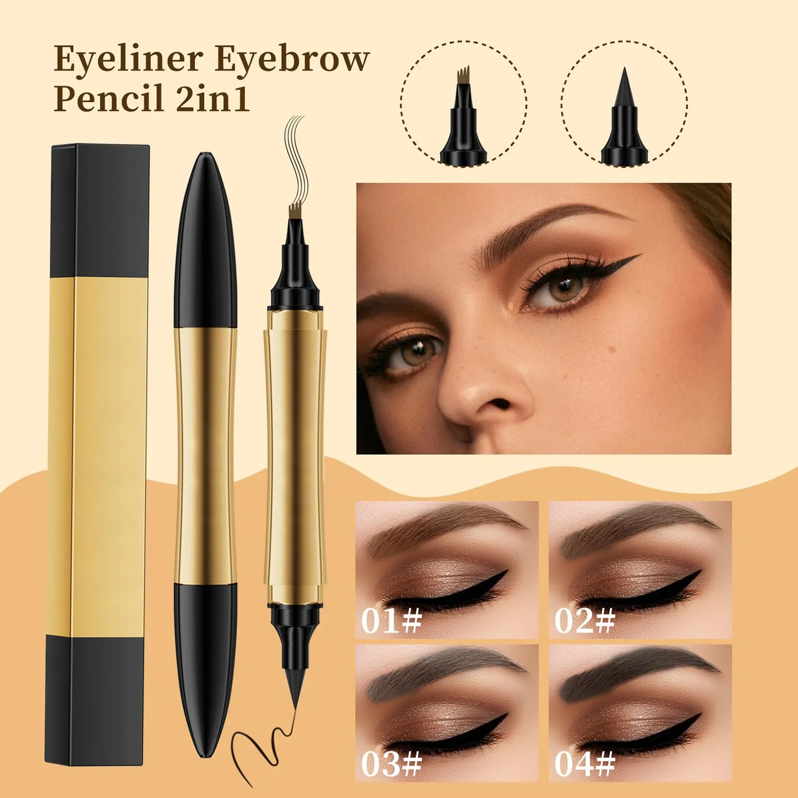 2 in 1 Magic Eyebrow Pencil, 3D Microblading Eyebrow Tattoo Pencil 4 Fork Tip with Eyeliner, Multifunction Double Head Contouring Pen Waterproof Makeup Tools for Natural Eyebrow Makeup (Grey)