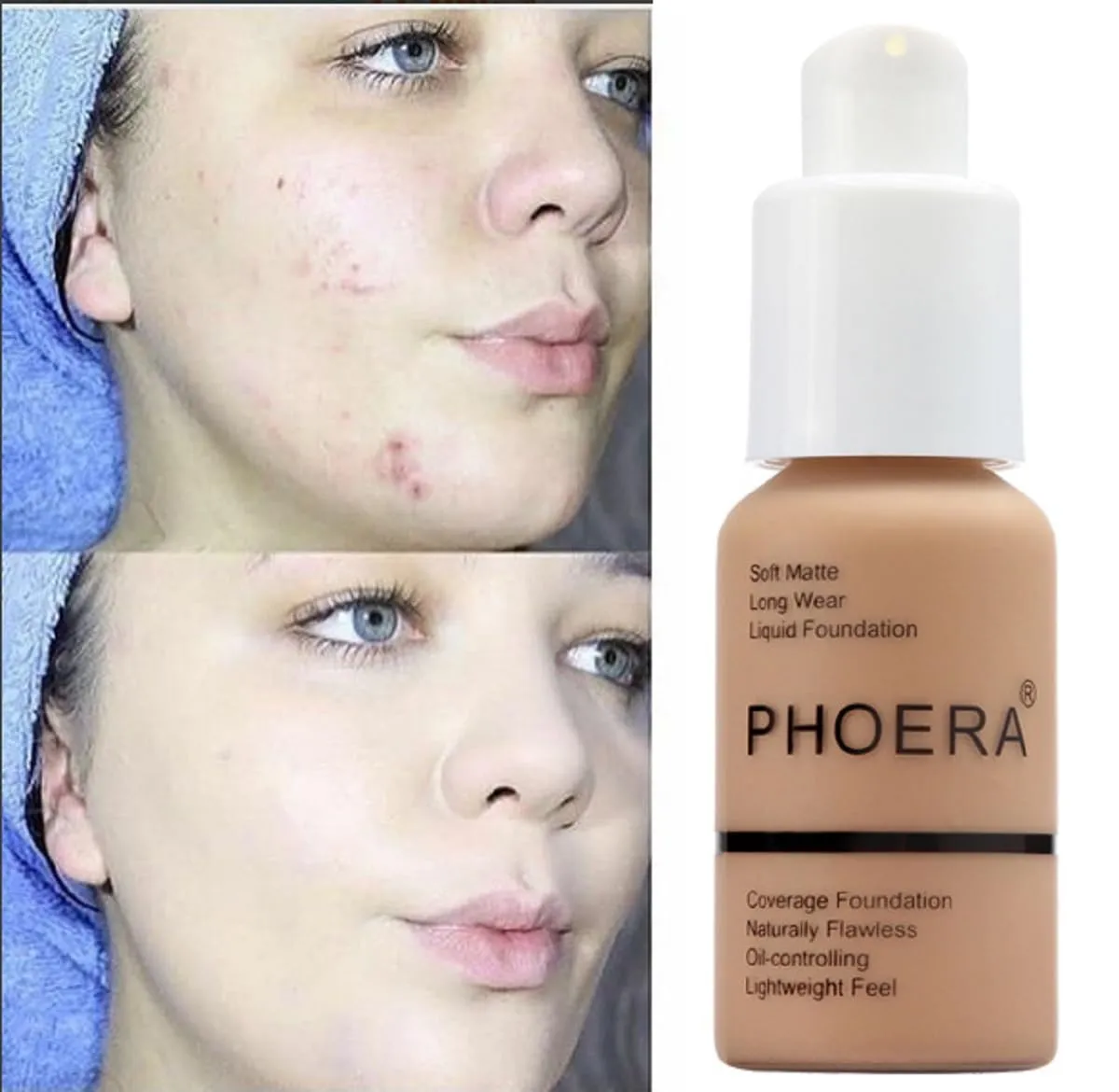 2 Pack PHOERA Foundation 104- Buff Beige and 105- Sand, Flawless Soft Matte Liquid Foundation 24 HR Oil Control Concealer Foundation Makeup.