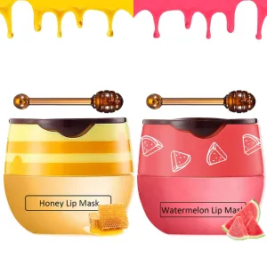 2 PCS Bee Lip Balm Honey Pot,Honey&Watermelon Lip Sleeping Mask,Hydrating Prevention Dry and Cracked Lip Scrubs Exfoliator Lip Care,Moisturizing Lip Mask Overnight
