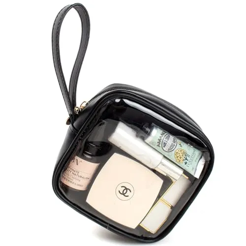2 PCS TSA Approved Toiletry Bag with Mini Clear Makeup Bag,Clear Toiletry Bag With Handle Strap,Travel Size Toiletry Bag Travel Essentials Beach Essentials Pool Accessories for Women (A-Clear Black)