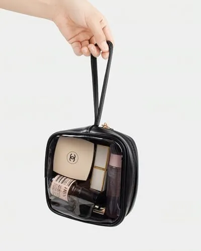 2 PCS TSA Approved Toiletry Bag with Mini Clear Makeup Bag,Clear Toiletry Bag With Handle Strap,Travel Size Toiletry Bag Travel Essentials Beach Essentials Pool Accessories for Women (A-Clear Black)