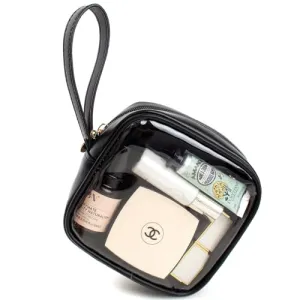 2 PCS TSA Approved Toiletry Bag with Mini Clear Makeup Bag,Clear Toiletry Bag With Handle Strap,Travel Size Toiletry Bag Travel Essentials Beach Essentials Pool Accessories for Women (A-Clear Black)