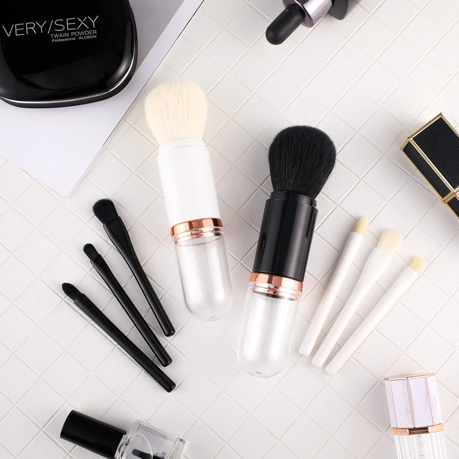 2 Sets Small Makeup Brush Set 4 in 1 Makeup Brush Portable Travel Lip Brush Foundation Blending Powder Brush Retractable Mini Facial Cosmetic Makeup Brush Set (Black, White) Black, White