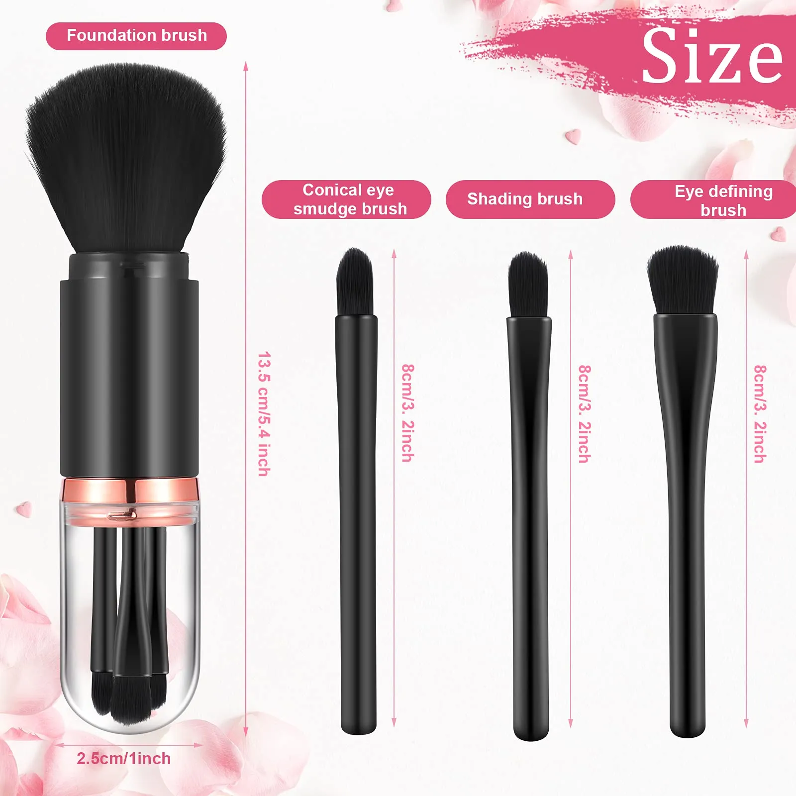 2 Sets Small Makeup Brush Set 4 in 1 Makeup Brush Portable Travel Lip Brush Foundation Blending Powder Brush Retractable Mini Facial Cosmetic Makeup Brush Set (Black, White) Black, White