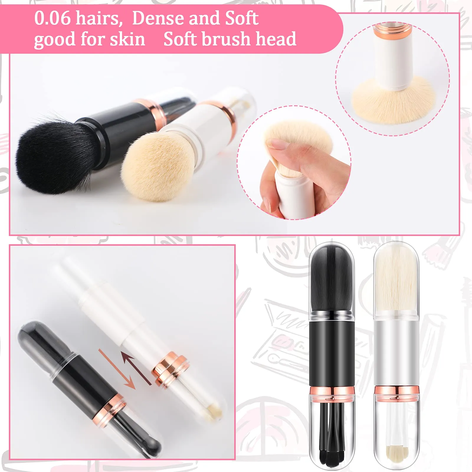 2 Sets Small Makeup Brush Set 4 in 1 Makeup Brush Portable Travel Lip Brush Foundation Blending Powder Brush Retractable Mini Facial Cosmetic Makeup Brush Set (Black, White) Black, White