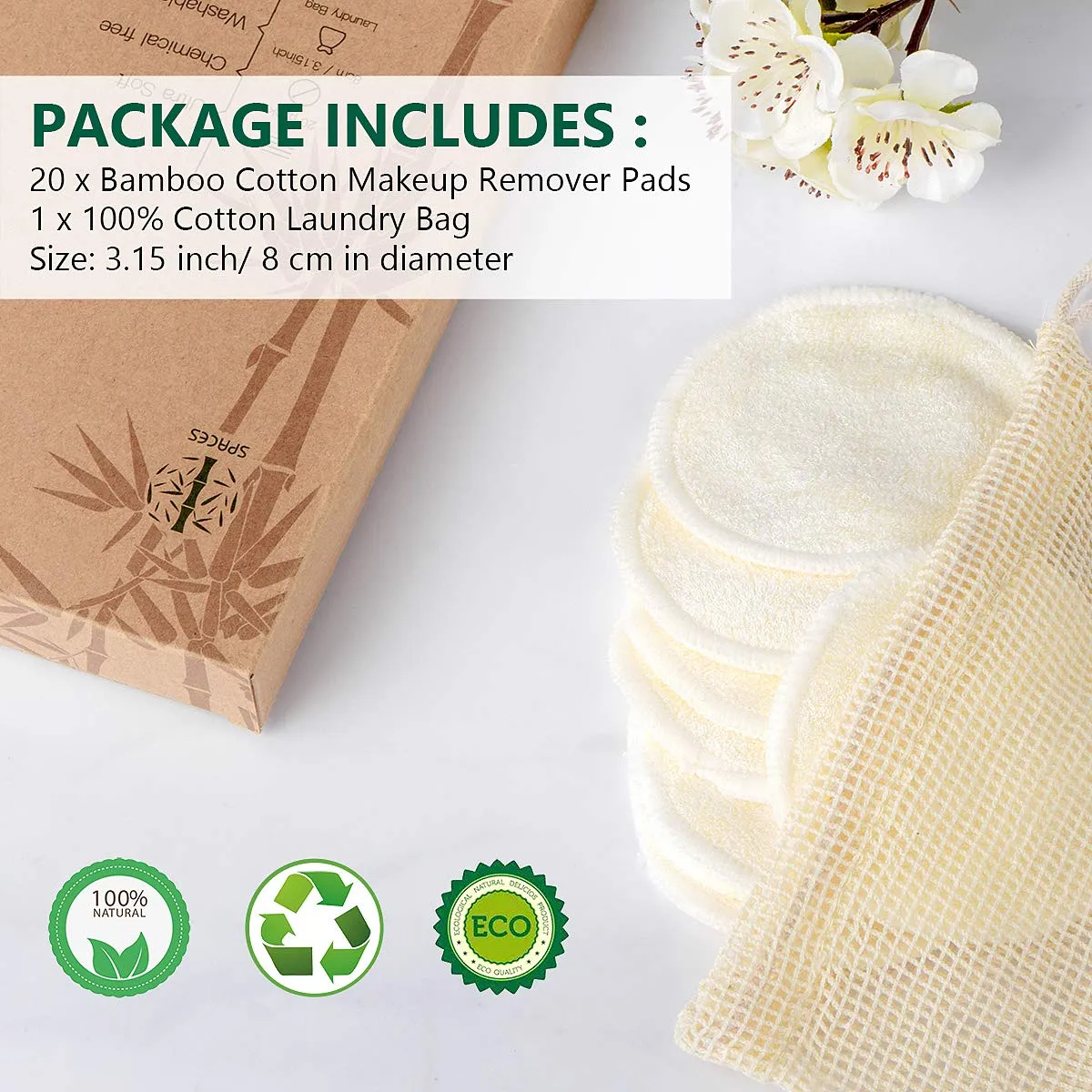 20 Pack Reusable Cotton Face Pads, Washable Bamboo makeup Remover Rounds with Cotton Mesh Laundry Bag, Soft for Adults and Kids Skin Care