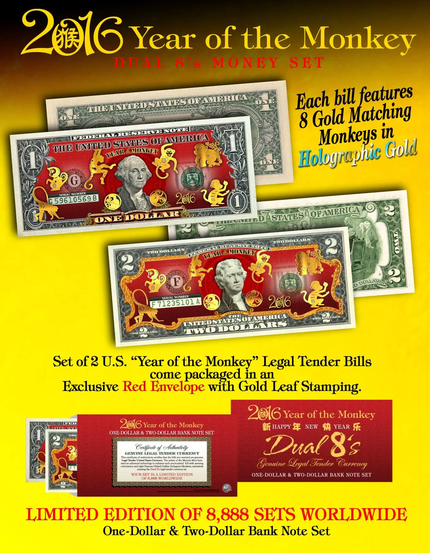 2016 YEAR OF THE MONKEY $1 & $2 Chinese New Year Lucky Money Set - DUAL 8’s GOLD MATCHING MONKEY’s Packaged in EXCLUSIVE Premium RED LUNAR ENVELOPE – Limited Edition of 8,888 Sets Worldwide *SOLD OUT*