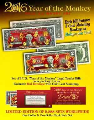 2016 YEAR OF THE MONKEY $1 & $2 Chinese New Year Lucky Money Set - DUAL 8’s GOLD MATCHING MONKEY’s Packaged in EXCLUSIVE Premium RED LUNAR ENVELOPE – Limited Edition of 8,888 Sets Worldwide *SOLD OUT*