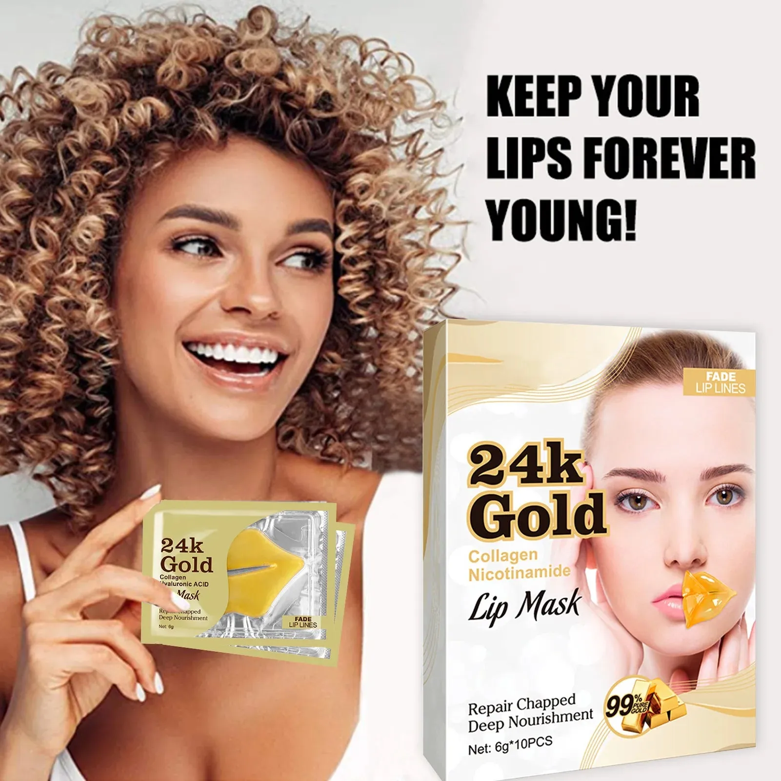 24K Gold Collagen Hyaluronic Acid Lip Mask (10 pieces)