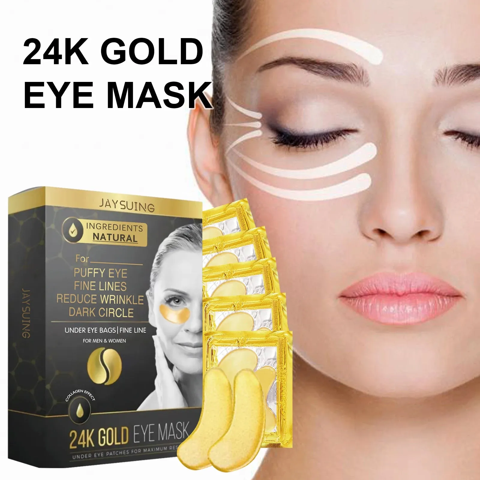 24k Gold Eye Mask Natural Extracts for Puffy Eyes, Fine Lines, Wrinkles, and Dark Circles