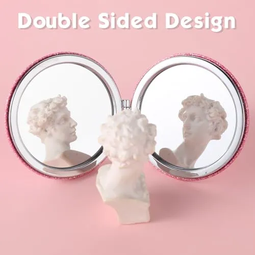 2pcs Compact Mirror Small Travel Magnifying Mirror Handheld Pocket Portable Mini Vanity Mirror Makeup Bag for Purse Double Sided Cute Hand Foldable Mirrors for Women Purse Must Haves Round Pink