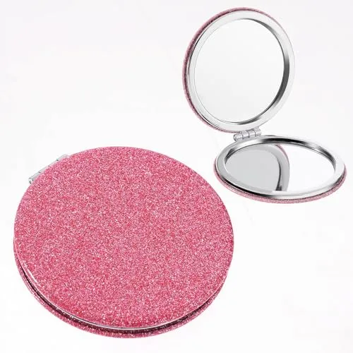 2pcs Compact Mirror Small Travel Magnifying Mirror Handheld Pocket Portable Mini Vanity Mirror Makeup Bag for Purse Double Sided Cute Hand Foldable Mirrors for Women Purse Must Haves Round Pink