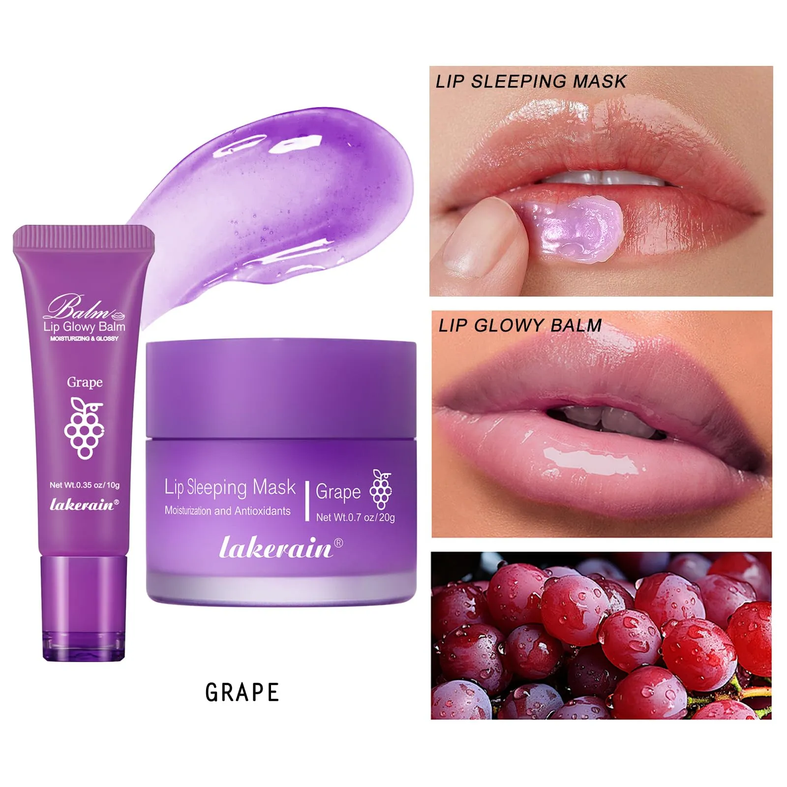 2Pcs Lip Glowy Balm and Lip Sleeping Mask Set, with 4 Flavor Options - Reduce Lip Lines, Enhance Lip Color, Hydrate & Plump Dry Chapped Lips Care (Grape)