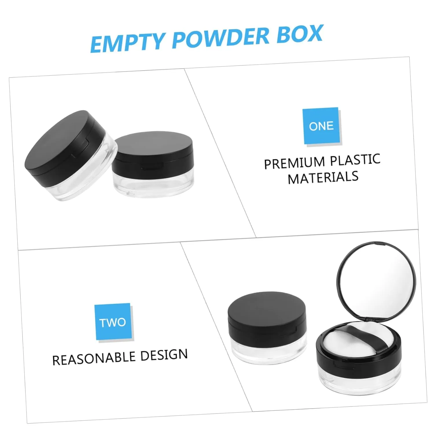 2pcs Reusable Box Mirror Portable Loose Case for Travel Compact Storage Black Makeup Container Easy to Refill Friends