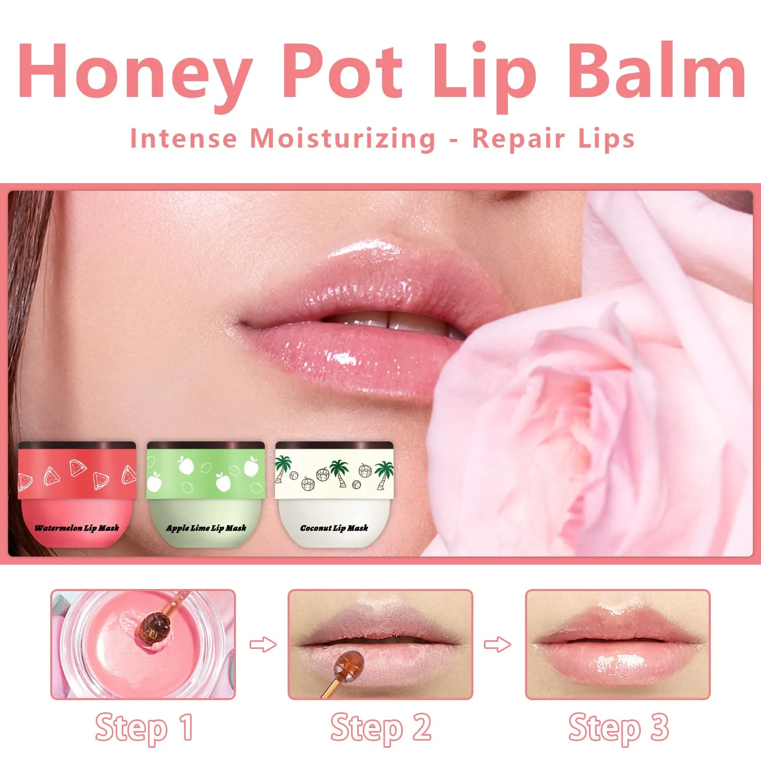 3 Pcs Bee Lip Balm Honey Pot, Coconut Watermelon Apple Lime Lip Mask Overnight, Moisturizing Lip Sleeping Mask, Hydrate Repair Prevent Dry Cracked Lip Exfoliator (Coconut  Watermelon Apple Lime)