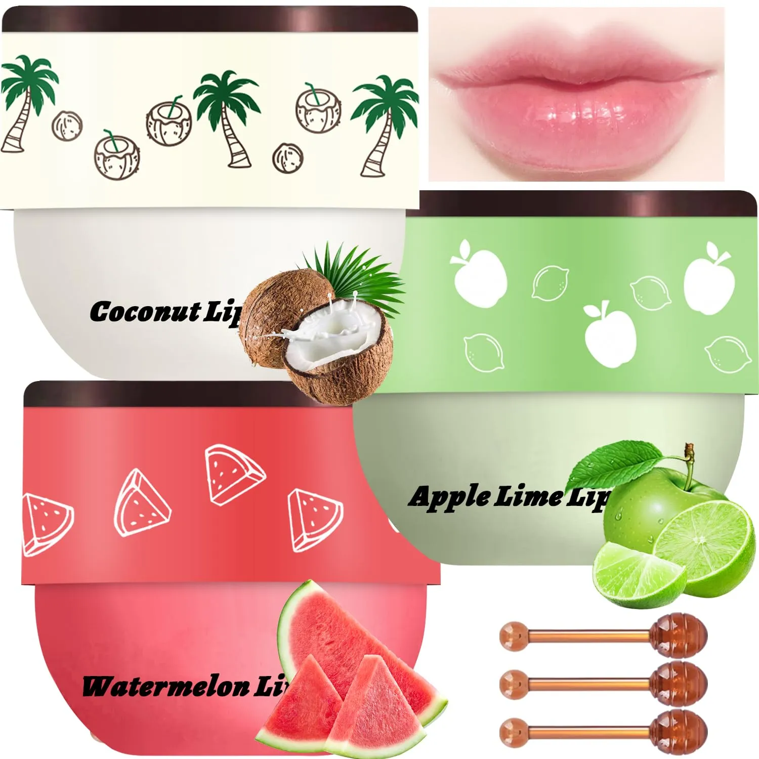 3 Pcs Bee Lip Balm Honey Pot, Coconut Watermelon Apple Lime Lip Mask Overnight, Moisturizing Lip Sleeping Mask, Hydrate Repair Prevent Dry Cracked Lip Exfoliator (Coconut  Watermelon Apple Lime)