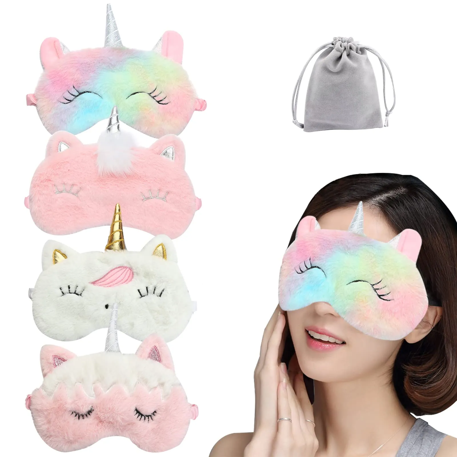 4 Pcs Cute Unicorn Sleep Mask Animal Unicorn Sleep Mask Soft Plush Blindfold Eye Covers for Sleeping Women Girls Kids Style5