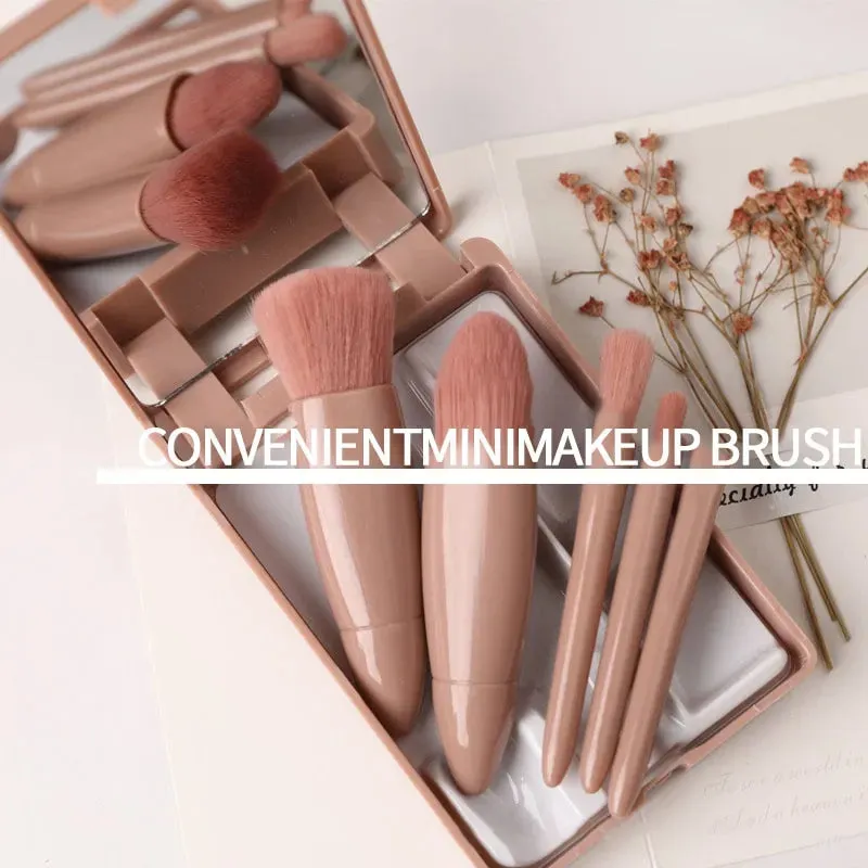5 PCs Cosmetic Brush Portable Makeup Brush Travel With Mirror Box Makeup Set Brush Loose Brush Blush Brush Eyeshadow Brush