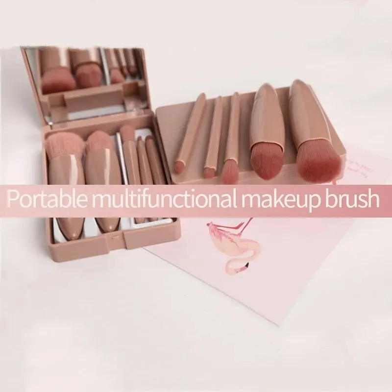 5 PCs Cosmetic Brush Portable Makeup Brush Travel With Mirror Box Makeup Set Brush Loose Brush Blush Brush Eyeshadow Brush
