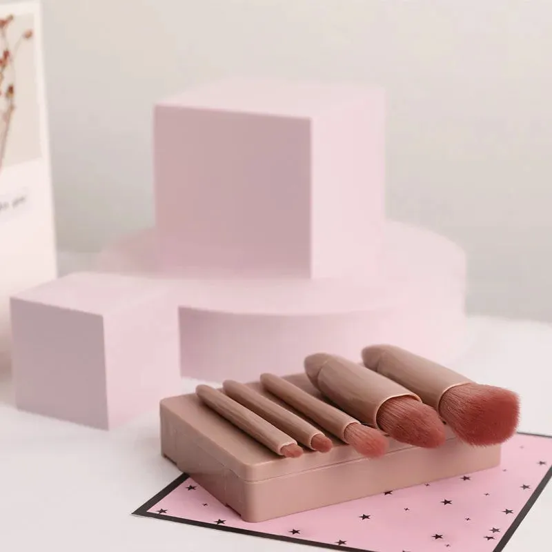 5 PCs Cosmetic Brush Portable Makeup Brush Travel With Mirror Box Makeup Set Brush Loose Brush Blush Brush Eyeshadow Brush