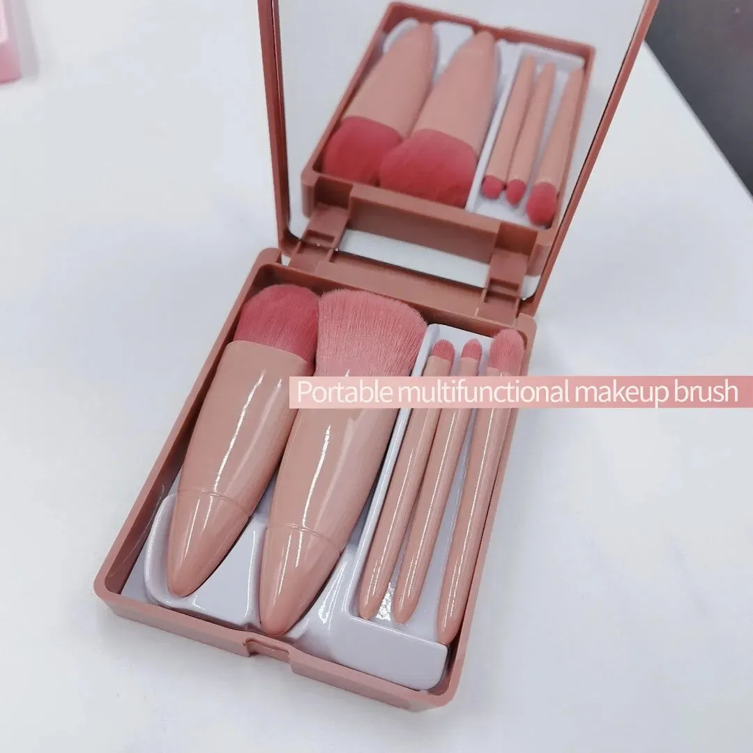 5 PCs Cosmetic Brush Portable Makeup Brush Travel With Mirror Box Makeup Set Brush Loose Brush Blush Brush Eyeshadow Brush