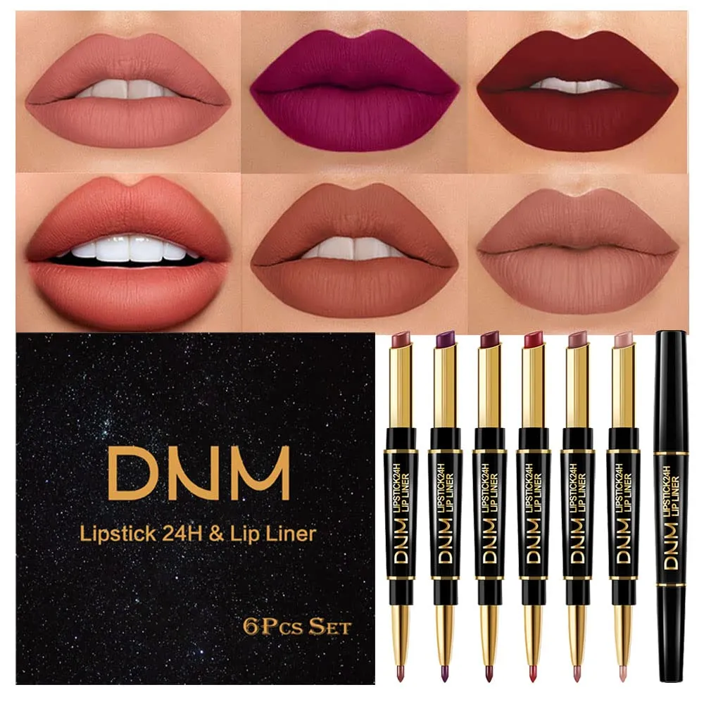 6Pcs Chestnut Nude Brown Lip Liner and Lipstick Set Kit for Women 24-hour waterproof lipstick