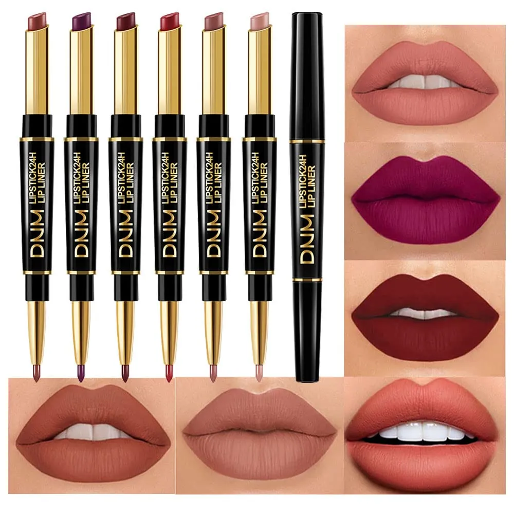 6Pcs Chestnut Nude Brown Lip Liner and Lipstick Set Kit for Women 24-hour waterproof lipstick