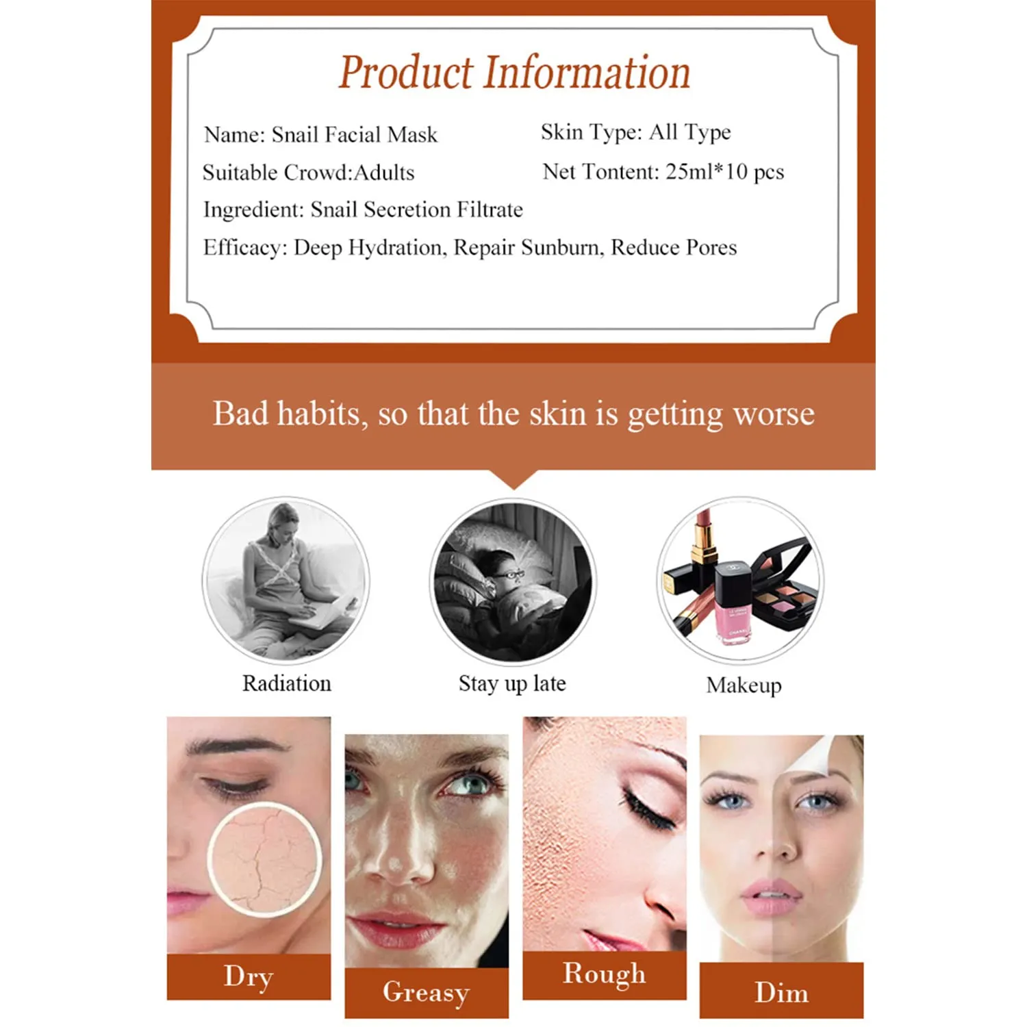 AICHUN BEAUTY Facial Mask Repair Essence Anti-Acne Refreshing Relieve Wrinkles Long-Lasting Soothing Face Skin Care Hydrating Moisturizing 10pcs (SNAIL)