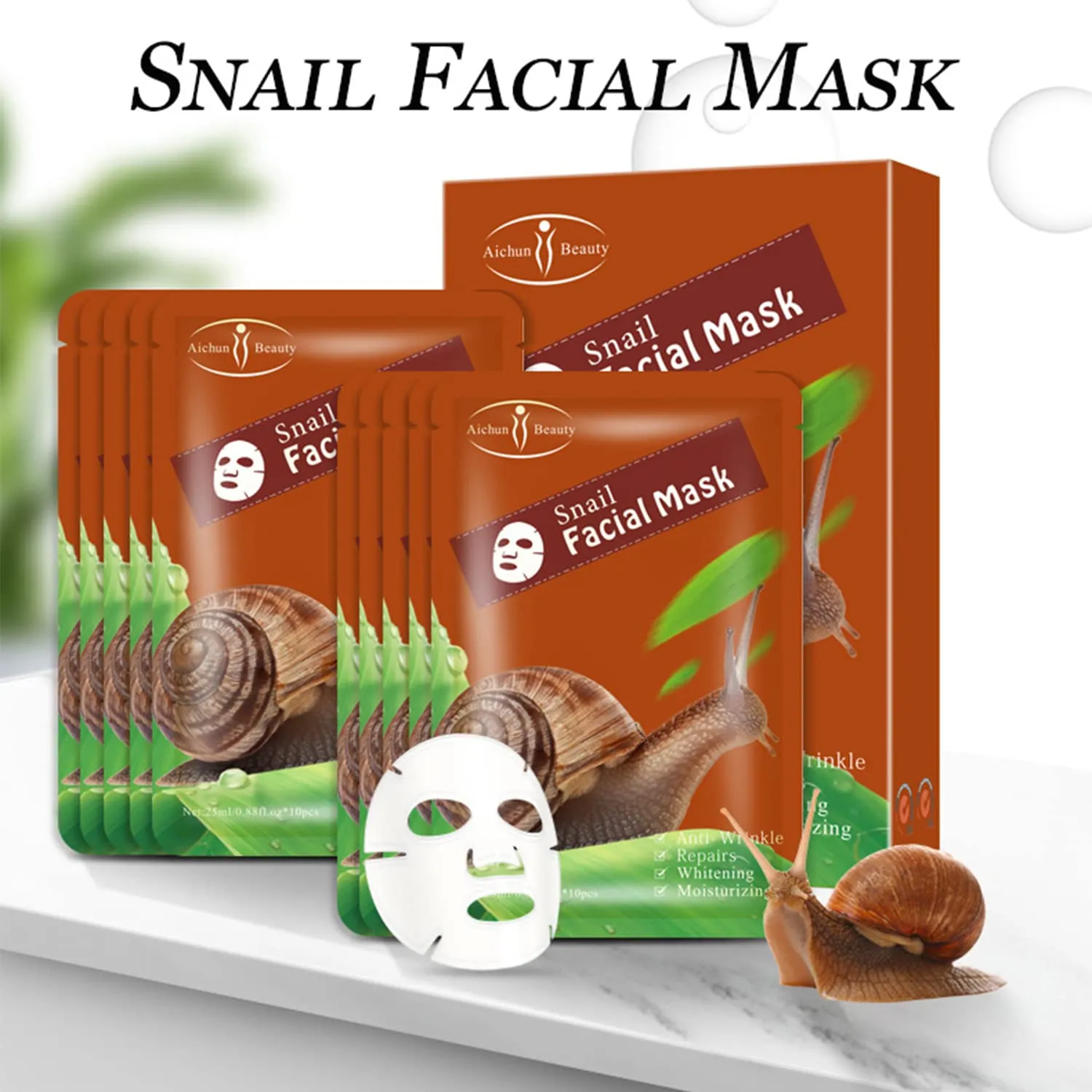AICHUN BEAUTY Facial Mask Repair Essence Anti-Acne Refreshing Relieve Wrinkles Long-Lasting Soothing Face Skin Care Hydrating Moisturizing 10pcs (SNAIL)