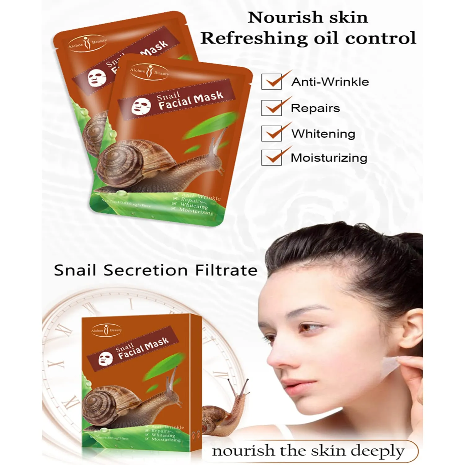 AICHUN BEAUTY Facial Mask Repair Essence Anti-Acne Refreshing Relieve Wrinkles Long-Lasting Soothing Face Skin Care Hydrating Moisturizing 10pcs (SNAIL)