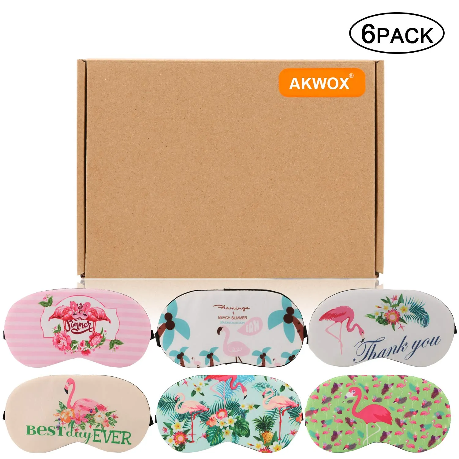 AKWOX Flamingo Sleep Mask [6-Pack ], Lightweight Soft Eye Mask for Sleeping, Teens Women Eye Cover with Elastic Strap for Sleepover Pajamas Slumber Party Accessories