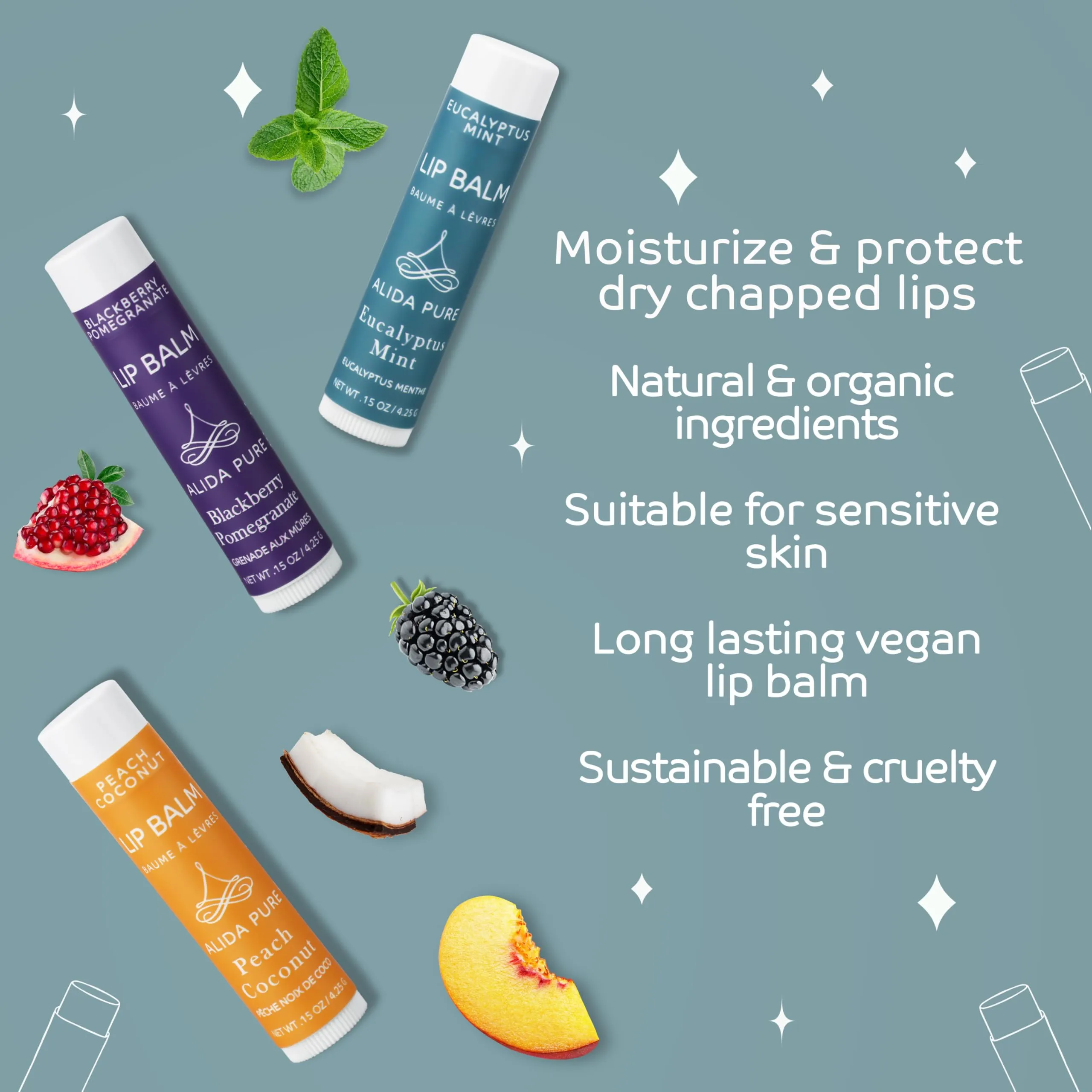 ALIDA PURE Fruit Mint Lip Balm Collection, Vegan Lip Balm Set, Bees Wax Free, Coconut Oil Free, Avocado Oil, Organic Jojoba Oil, Vitamin E, Natural Moisturizer For Dry Cracked Lips, 3 Tube Set
