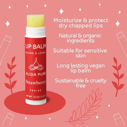 ALIDA PURE Strawberry Lip Balm Collection, Vegan Lip Balm Set, Beeswax Free, with Avocado Oil, Organic Jojoba Oil, and Vitamin E, Natural Moisturizer for Dry, Chapped Lips, 3 Tube Set