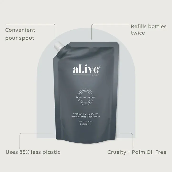 al.ive Hand & Body Wash Refill 1L - Coconut & Wild Orange (Made in Australia)
