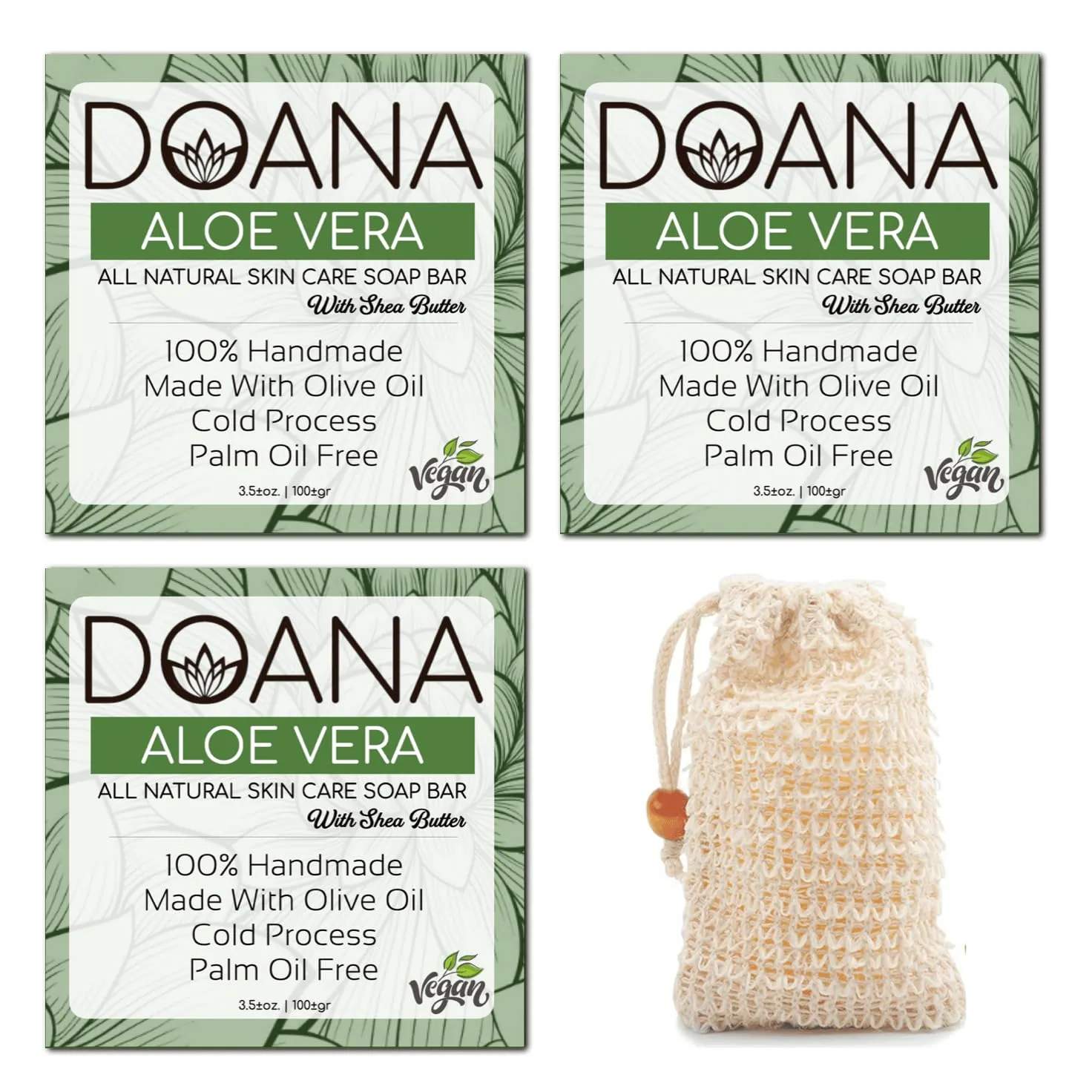 Aloe Vera Soap Bar - With Free Soap Saver Bag - SHEA BUTTER - Vegan, Olive Oil, and Coconut Oil, Palm Oil Free, Anti-Acne, Great Moisturizer (Pack of 3)